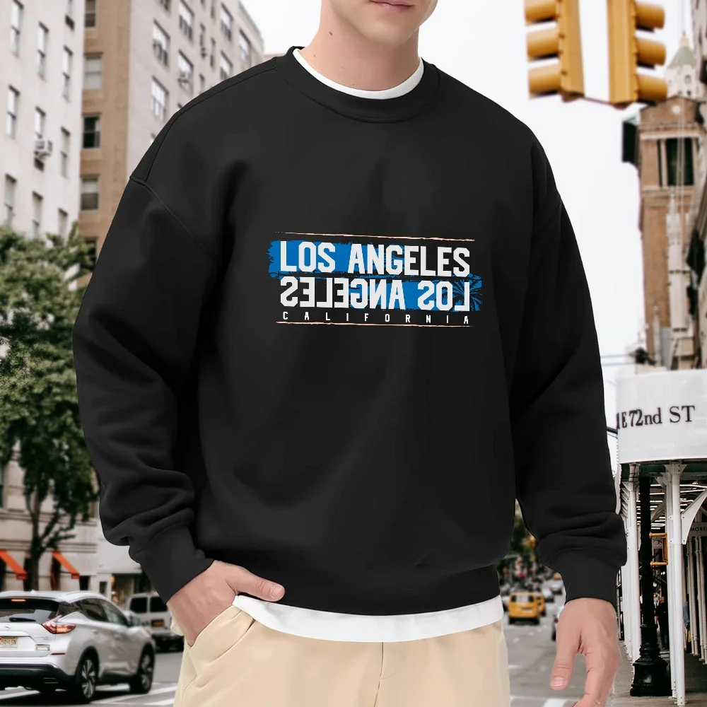 

Men's Black Crew Neck Loose Sweatshirt with Los Angeles Letter Print, Casual Street Style, Comfortable and Versatile for Everyday Wear, Trendy Pullover