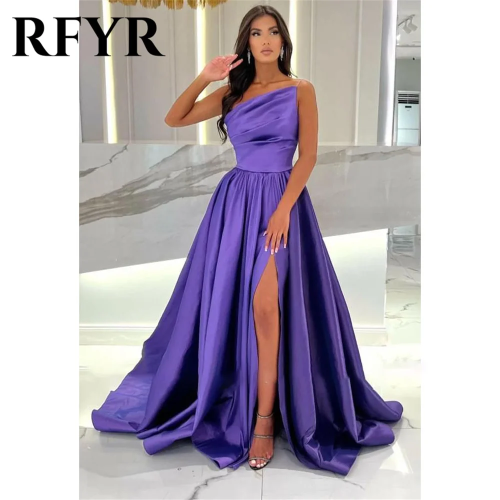 

RFYR One Shoulder Stain Woman Evening Dress Gown A Line Ball Gown Pleat Night Dresses Gown with Split robes de soirée Customized