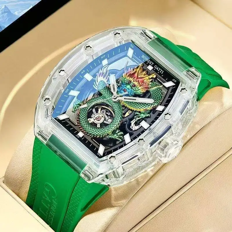 

BONEST GATTI Oriental Dragon Transparent Automatic Mechanical Watch Sapphire Crystal Luminous Fluororubber Strap Men Wristwatch