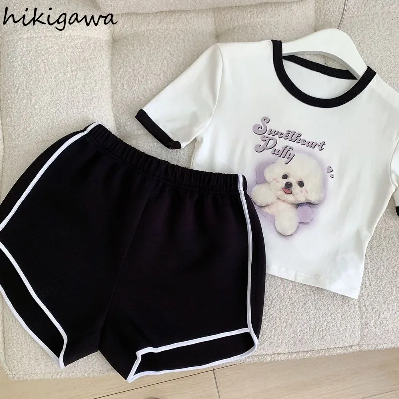 Summer Tracksuit Fashion Two Piece Sets for Women Cartoon White Crop Tshirts Casual Shorts Outftis Roupas Femme Korean Y2k Suit