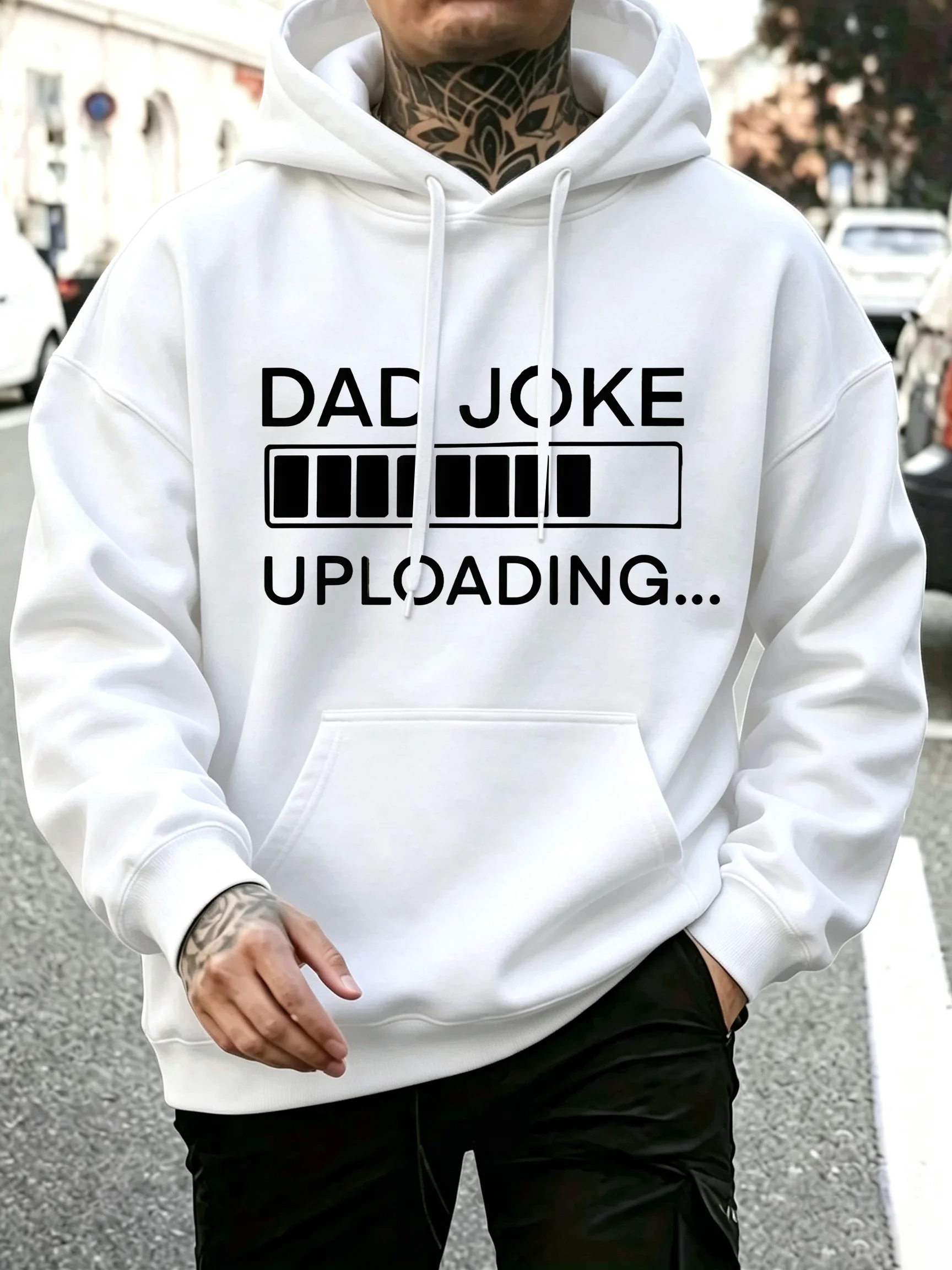 Men's Pullover Hoodie, Dad Joke Uploading Loading Bar Graphic Hooded Sweatshirt, Casual Loose Streetwear Hoodie For Father Gift