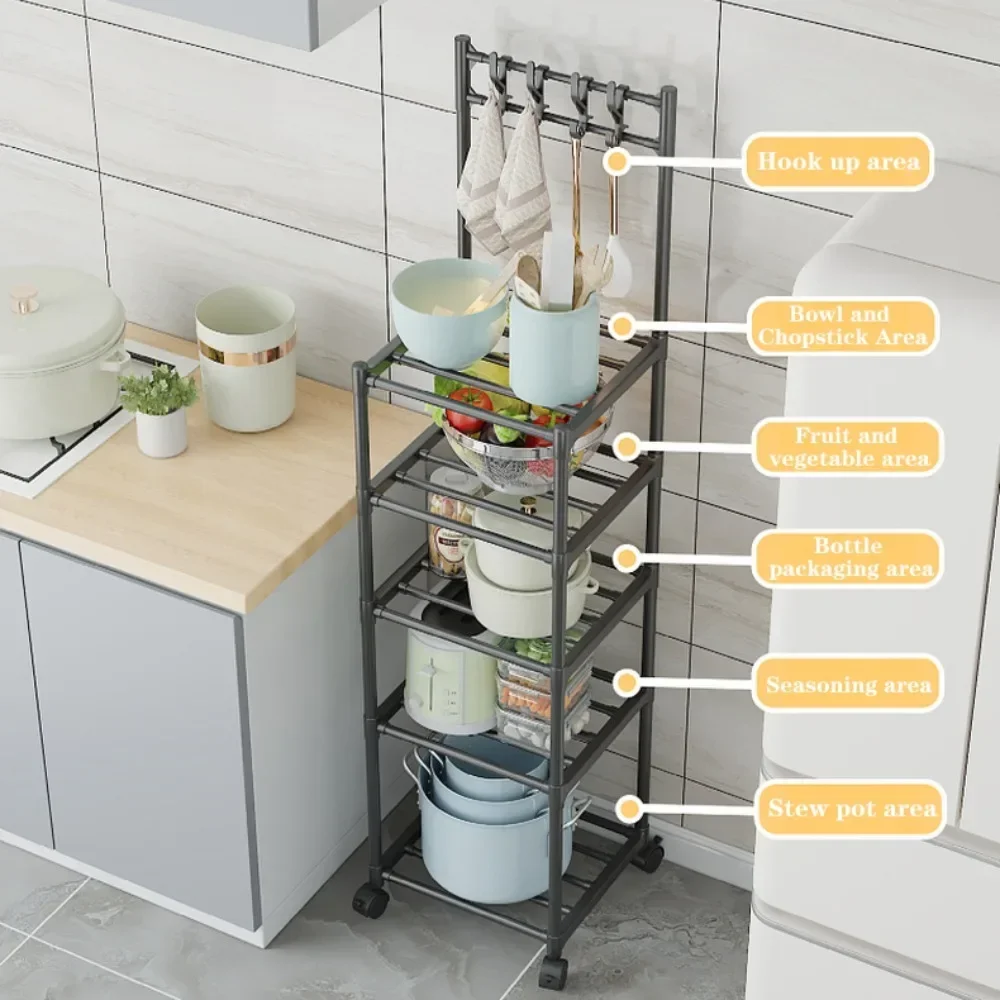 Kitchen Storage Rack Floor-Standing Multi-Layer Household Microwave Stove Rack Easy To Assemble With Pulley Kitchen Storage Cart