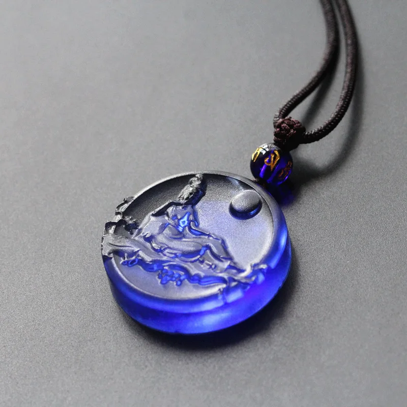 Feng Shui Chinese Style Lucky Blue Liuli Guan Yin Pendant Necklace Good Luck Blessing Fortune Wealth Amulet Adjustable Rope Jewe