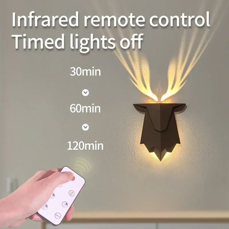 3D Deer Shadow Antler Projection Wall Lamp with Remote Dimmable LED Light for Bedroom Living Room Hallway Christmas Decorate