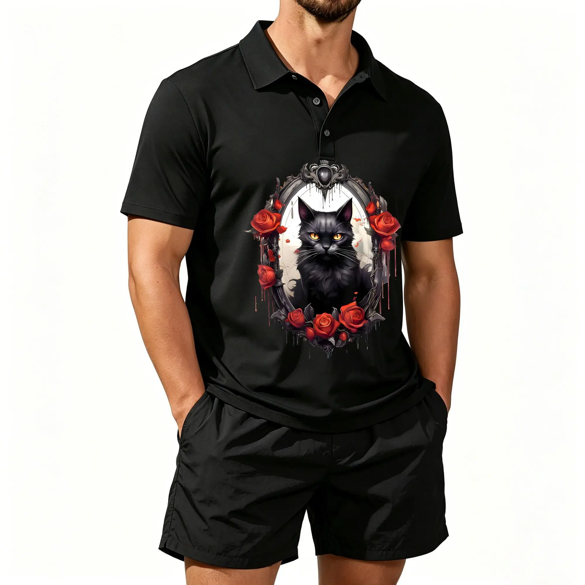 Men's Polo Beach Shorts Two-Piece Set, Retro Gothic Rose Cool Cat Print, Dark Style Pattern for Cat Lovers, Casual and Comfortable, Well-Fitted