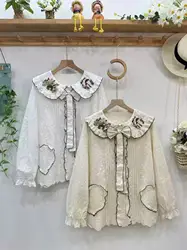 2026 Mori Kei Blouse Vintage Embroidered Peter Pan Collar Lace Trim Long Sleeve Cotton Casual Cottagecore Shirt with Bow