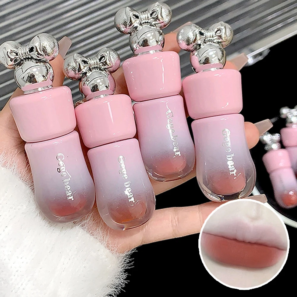 Gege Bear Cute Bow Lip Glaze, lápiz labial sin secado de color duradero con arcilla de labios de terciopelo mate