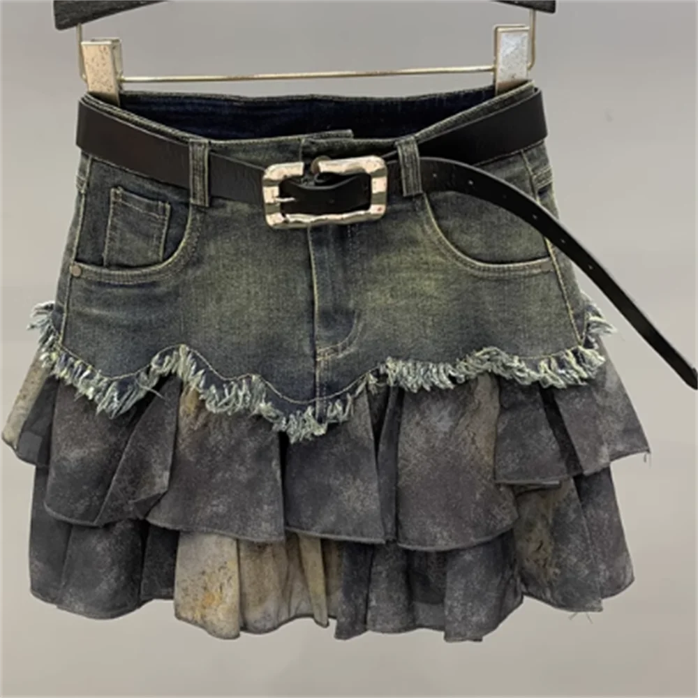 

Vintage mesh stitched denim skirt women autumn 2023 new high-waist pleated a line skirt