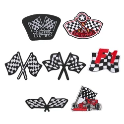 5PCS Racing Car Flag Patches Plaid Checkered Flag Racer Club Badges Iron on Embroidery Patch Clothing Patchwork Garment Applique