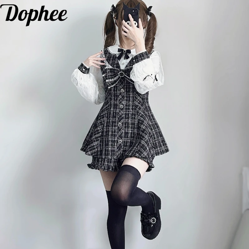 Dophee Original Sweet Girl Two-piece Set Elegant Diamond Bow Lace Long Sleeve Tweeds Dress + Ruffles Wide Leg Shorts Lolita Suit