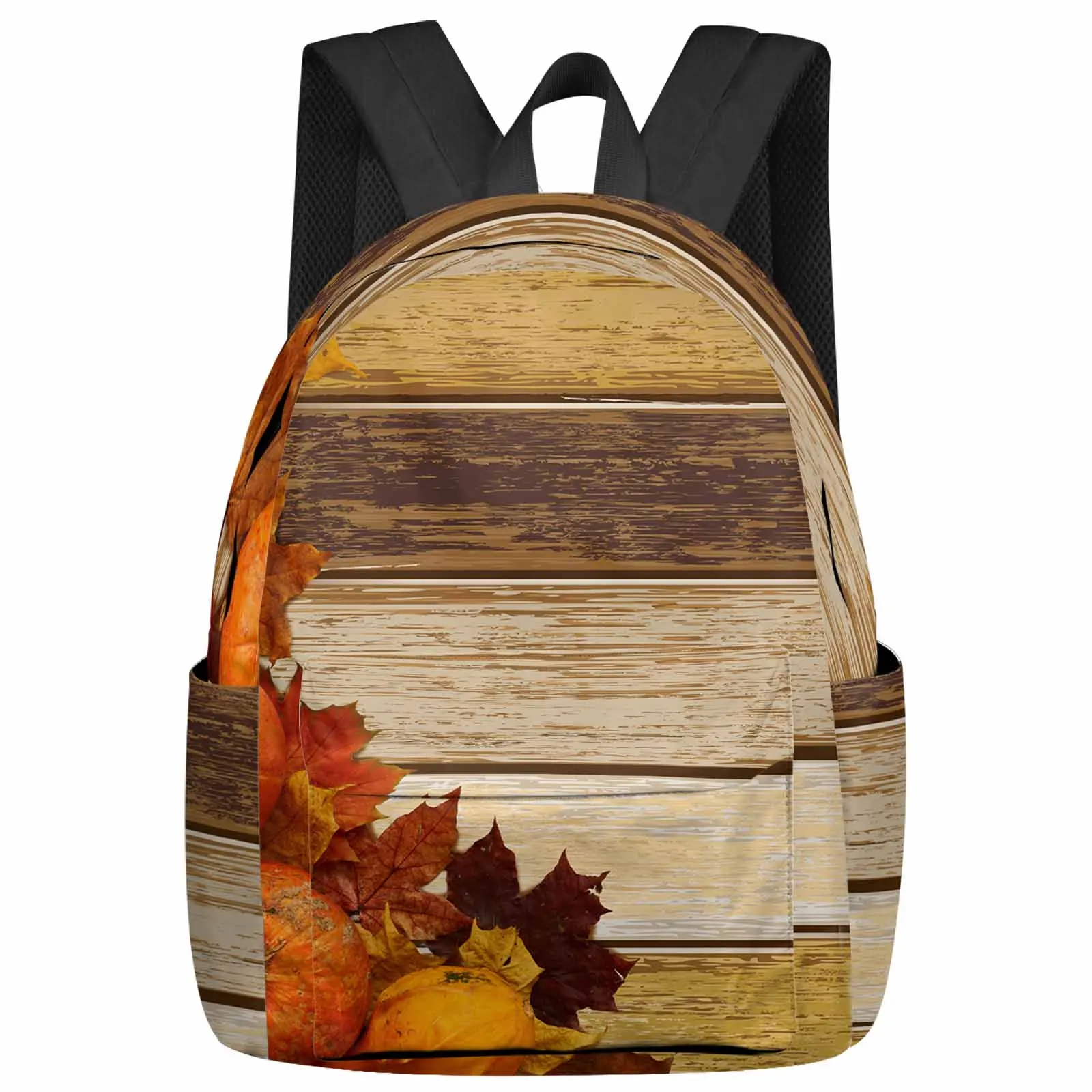 Pumpkin Leaf And Wood Grain Backpack Teenagers Student School Bags Laptop Custom Backpack for Men Women Travel Bag