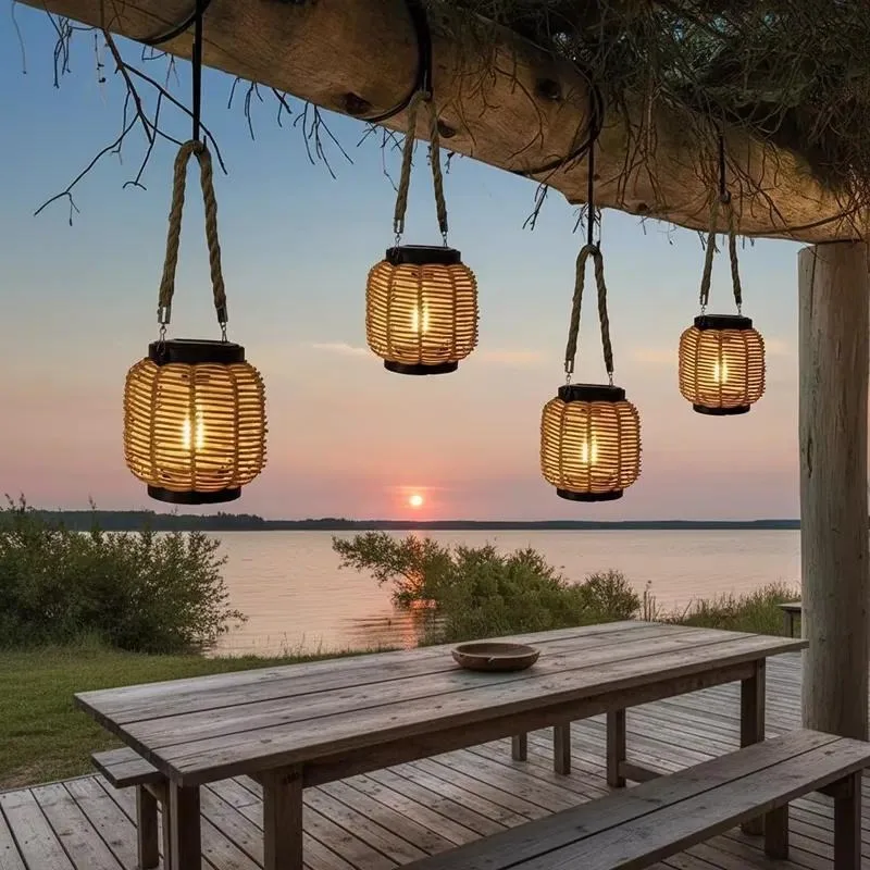 for Wholesale courtyard cross-border solar rattan light IP65 LED lantern weaving portable villa terrace garden decoration