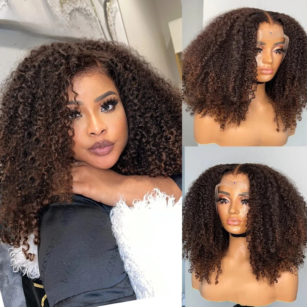 

26Inch Long Ombre Brown Soft Preplucked 180Density Lace Front Wigs For Women Kinky Curly With Baby Hair Glueless Good Texture