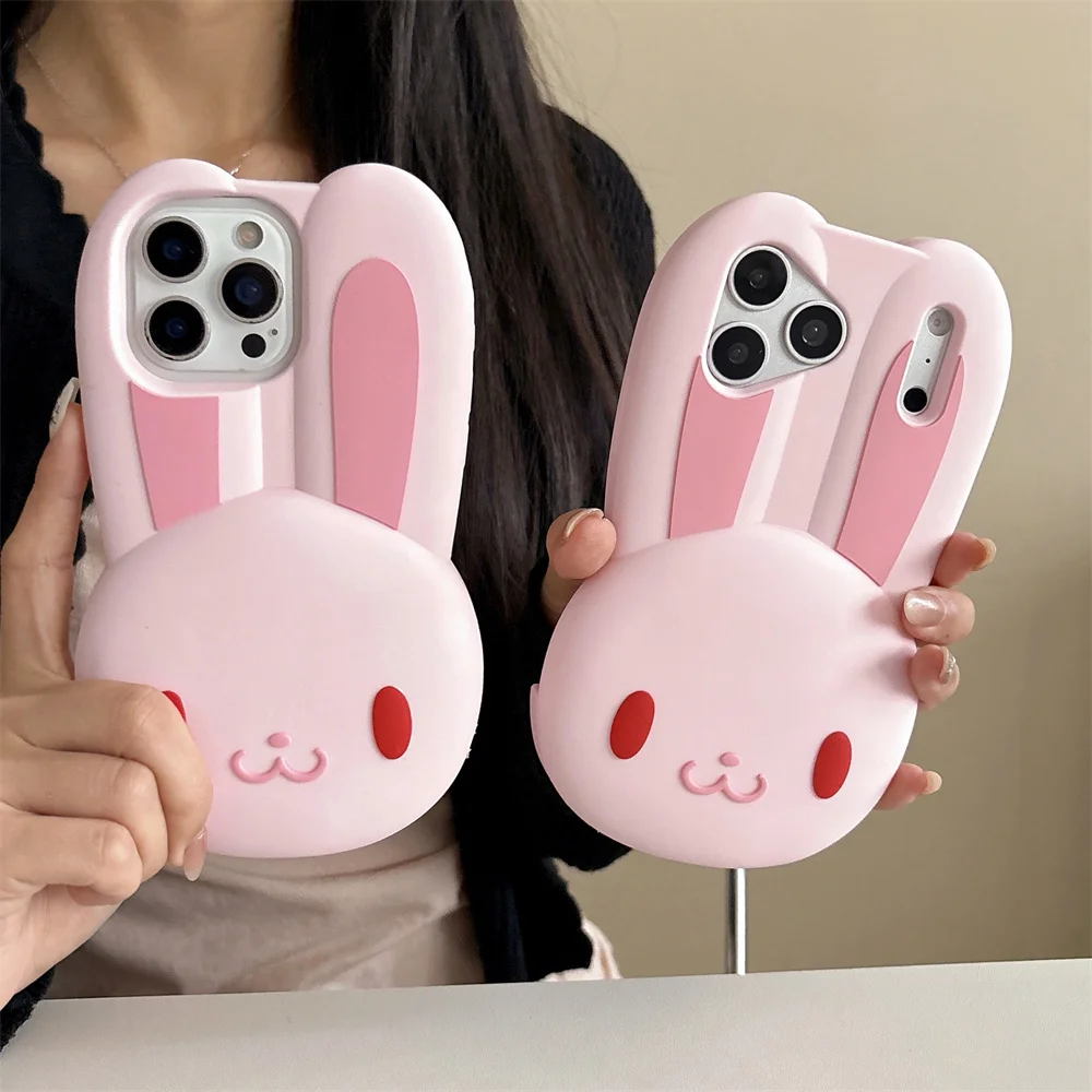 

Kawaii 3D Cartoon Rabbit Phone Case for iPhone 17Pro 16 Plus 15 14 13 12 Pro Max Cover Cute Shockproof Funda Silicone Soft Cases