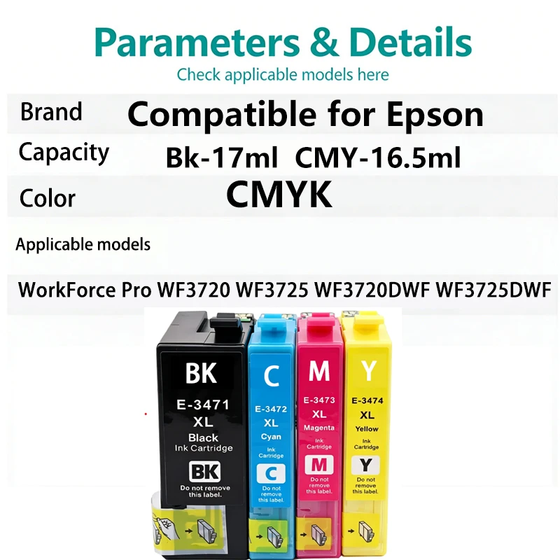 1/2/3/4/5set 34XL T3471 T3472 T3473 T3474 Ink Cartridge Compatible for Epson WorkForce Pro WF-3720DWF WF-3725DWF WF-3720 WF-3725