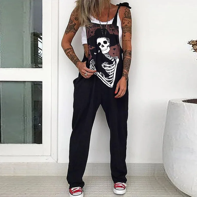 Monos góticos con estampado de calavera para mujer, peto de talla grande 5xl, pantalones con tirantes finos, diseño Sexy con bolsillos, moda europea