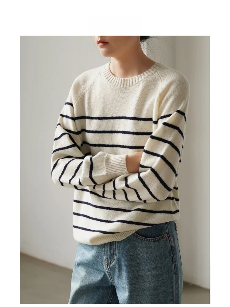 

Женский вязаный свитер LIMONN с длинными рукавами, шерстяной, свободного кроя, в полоску, для повседневной носки, модный, осенне-зимний, теплый, с круглым вырезом