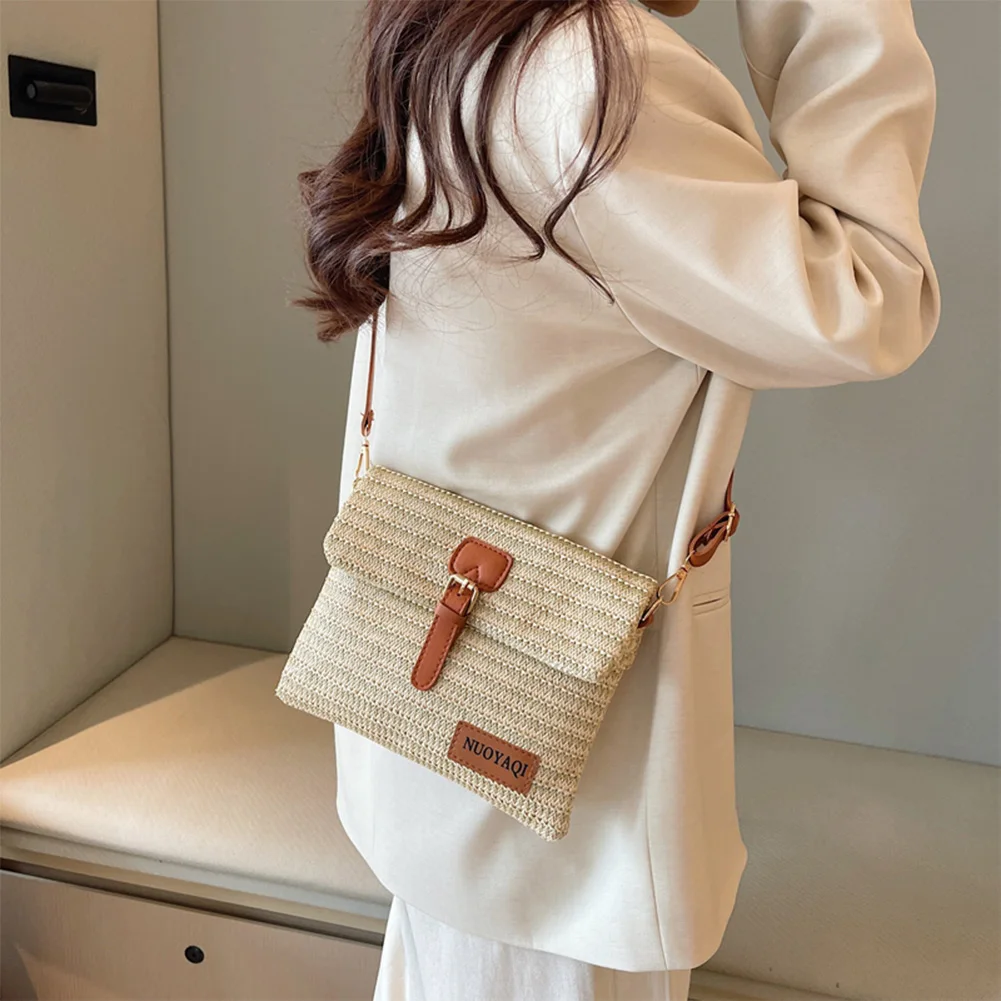 Female Stylish Knit Shoulder Bag PU Leather Straw Crossbody Bag Wear Resist Messenger Bag Travel Working Commute Bag