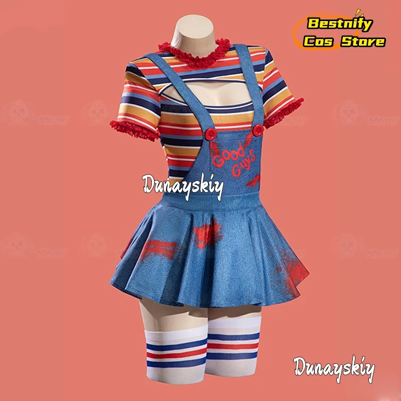 المرأة القاتل دمية زي الهالوين التأثيري {Bestnify Cos} القوطية ارتداءها متعدد الألوان مخطط انقطاع ارتداءها وزرة جوارب #4