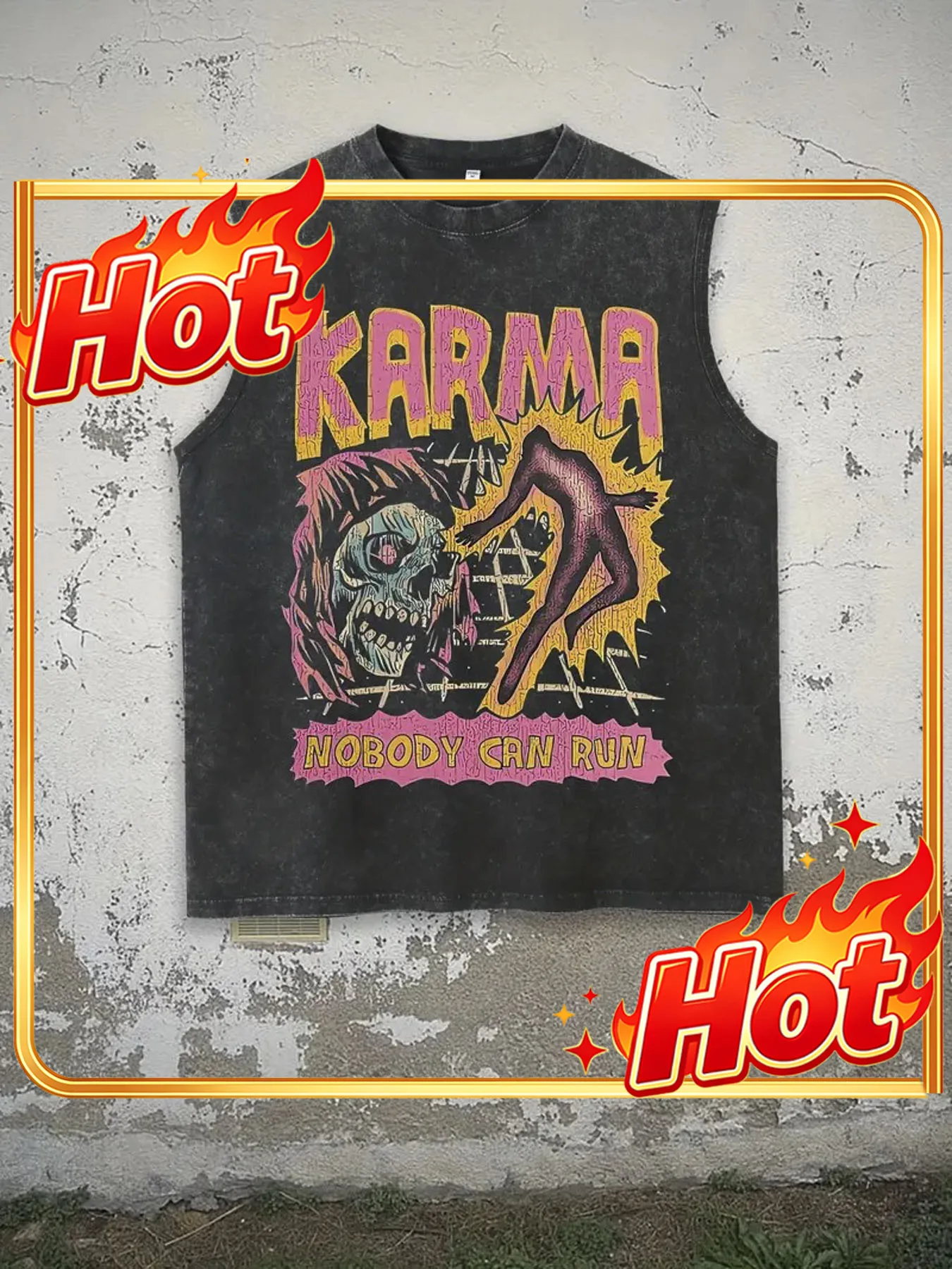 Custom Top 230G Water Washed, No One Can Escape Printed Top, High-Quality Wax Printed Retro Fashion Brand T-Shirt, Men'S