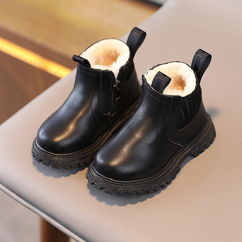 2024 Boys Girls Winter Warm Shoes Kids Fashion Leather Chelsea Boots Children Fleece Plush Thickened Shoes Girls winter Boots