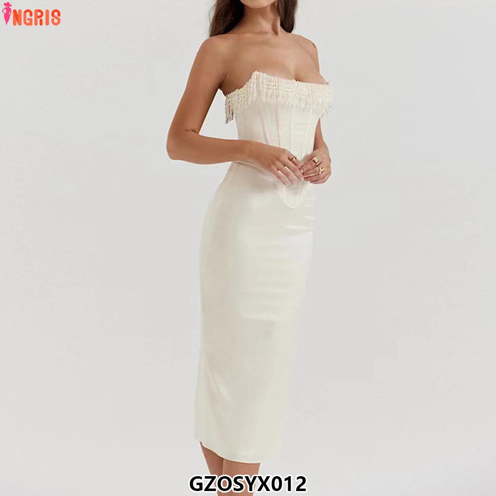 

Hot New Women's Casual Sleeveless Off-Shoulder Pearl Fishbone Dress Sexy Solid Color-GZOSYX012