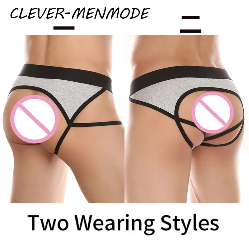 CLEVER-MENMODE Men\'s Sexy Cotton Thong Open Buttocks Mankini Crotch Panties Men Crossover Strapless Raised Underwear