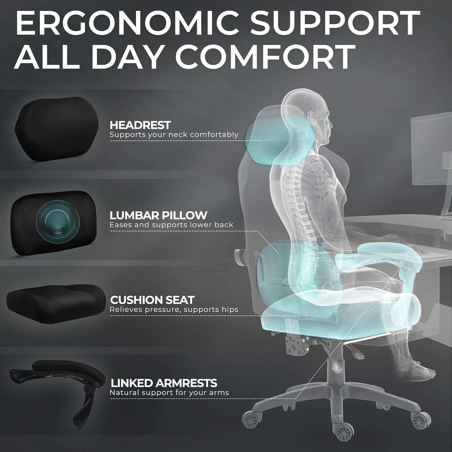 Gaming Chair Big and Tall, Suede Fabric with Pocket Spring Cushion, High Back Ergonomic with Footrest Black view 4