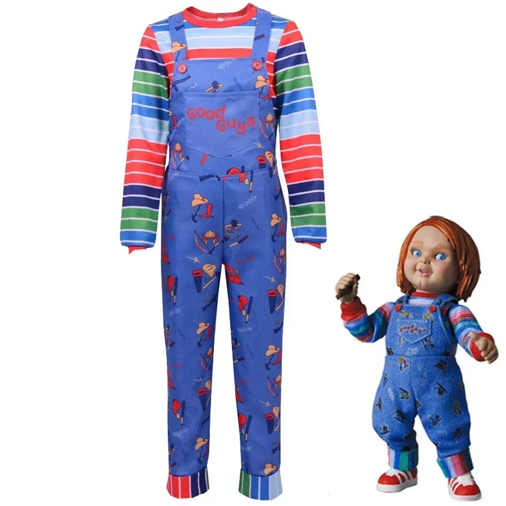 

Anime Enge Chucky Cosplay Kostuum Volwassen Cos Jumpsuits Halloween Horror Kleding Voor Mannen Vrouwen Feestkostuums Rekwisieten
