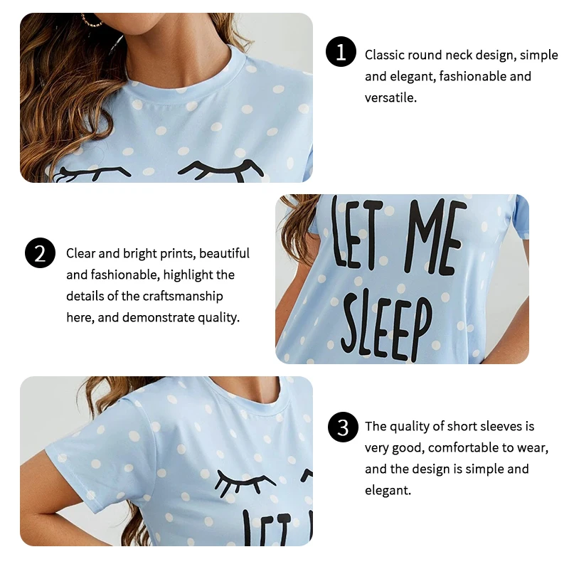 Cute Letter Polka Dot Printed Nightgown Nightdress Comfy Short Sleeve Sleep Dress with Round Neck Casual Sleepwear Loungewear