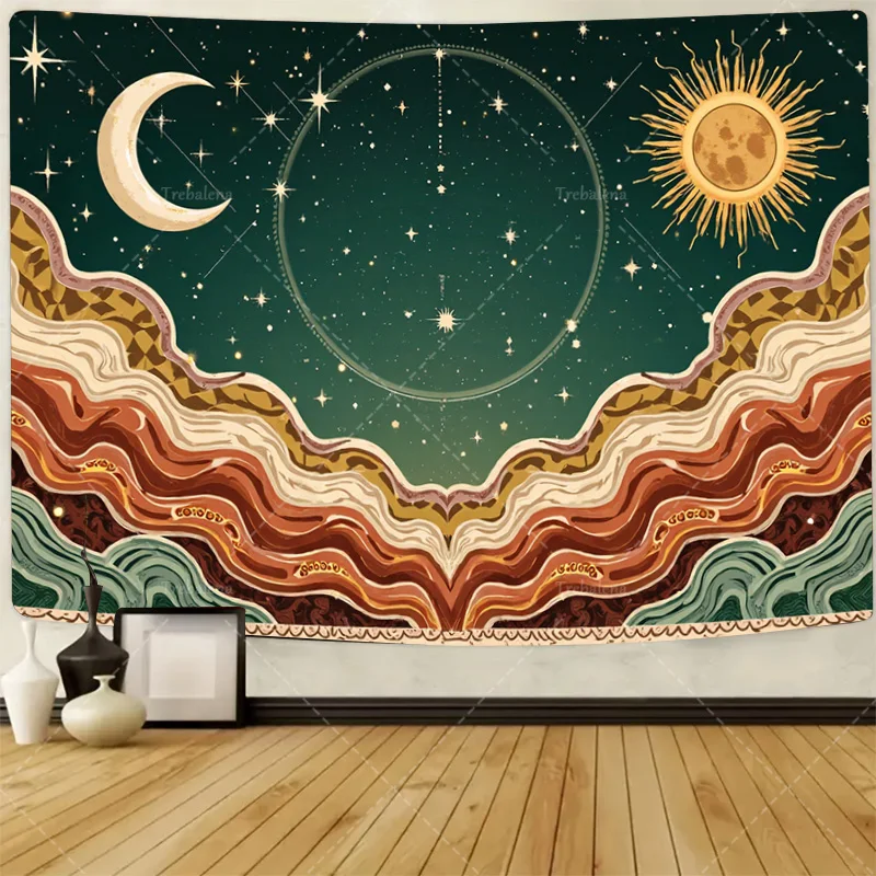 1pc Wall Tapestry Cosmic Waves Tapestry - Boho Sun Moon Stars Celestial Art Wall Hanging