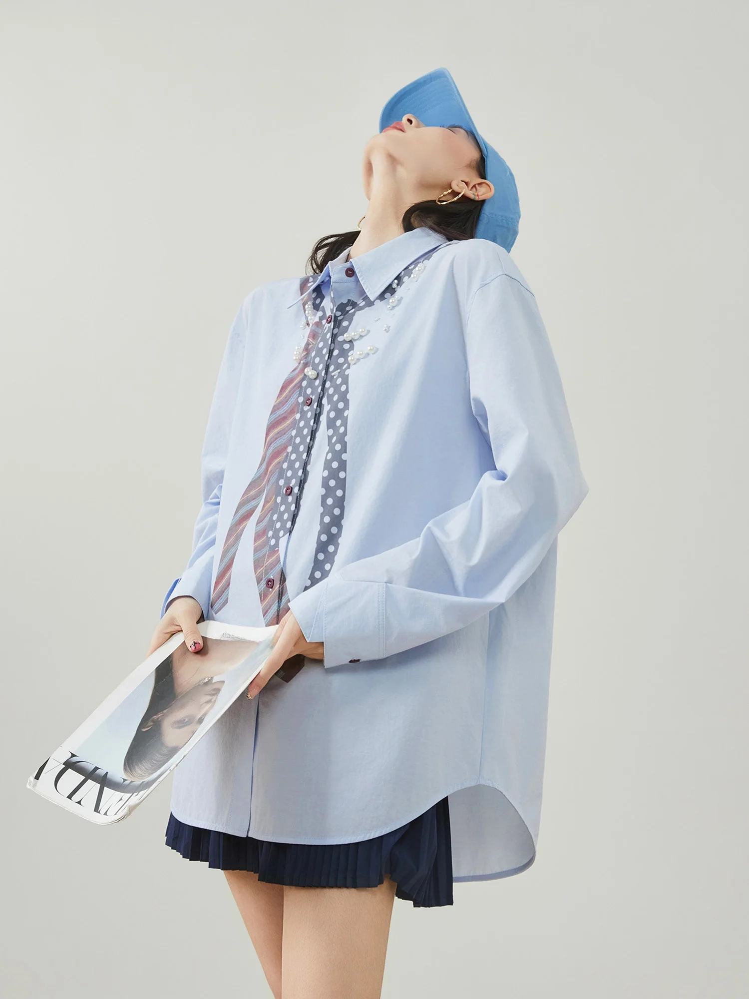 

Blue Pearl Print Long Sleeve Shirt Women's Loose Korean Style Slimming Blouse Casual Outerwear Polyester Fiber Spring Season