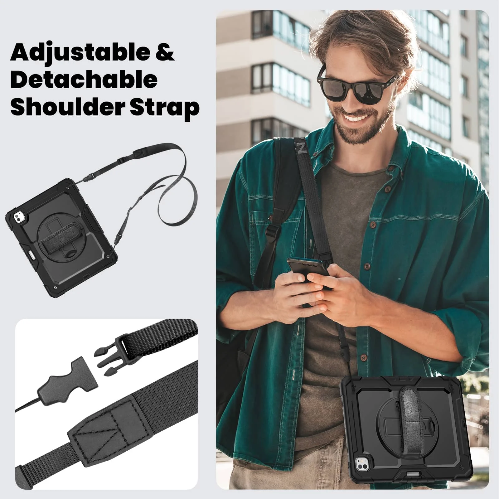 for iPad Pro 13-inch (M4) 2024, Military Grade Shockproof Protector Silicone Cover with Pencil Holder+Handle Shoulder Strap Case view 6