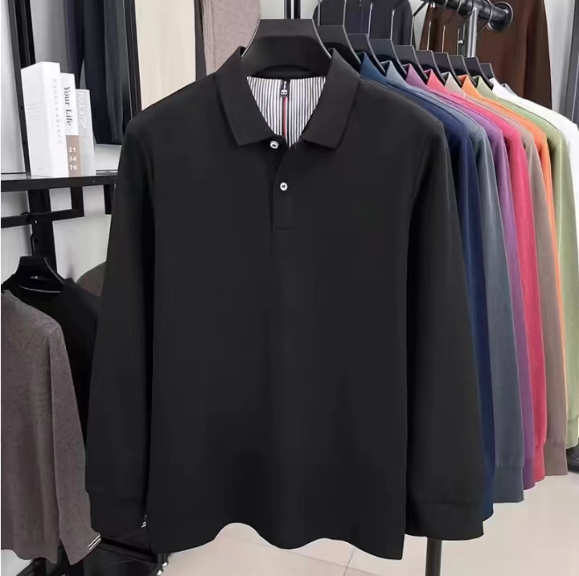 Hochwertiges Herren-Poloshirt aus reiner Baumwolle mit langen Ärmeln, exquisitem Luxuskragen, atmungsaktivem Komfortstoff, vielseitig für den Alltag geeignet. – Detail 11