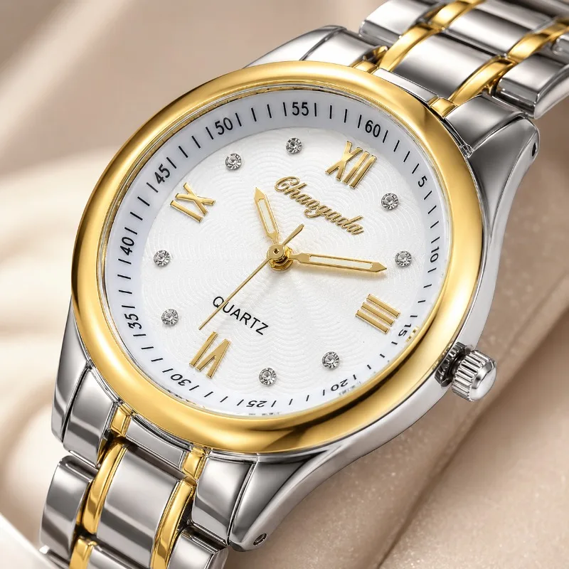 Chaoyada Fashion Women's Watch Two Tone Stainless Steel Band Roman Numerals Diamond Dial Ladies Quartz Wristwatches reloj mujer