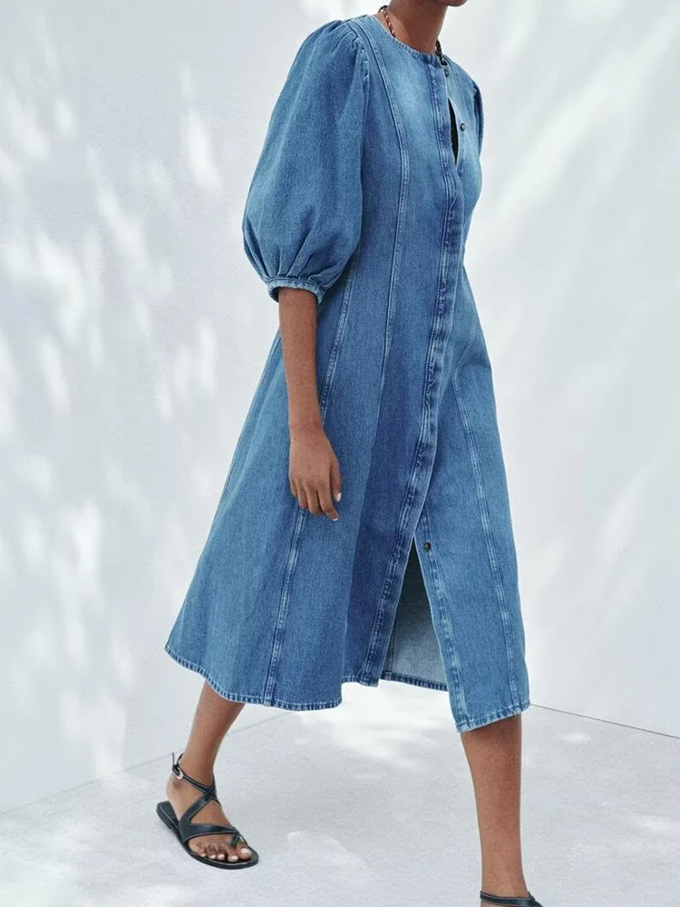 

Spring new fashion trend women's clothing European and American style round neck puff sleeve washed effect denim dress