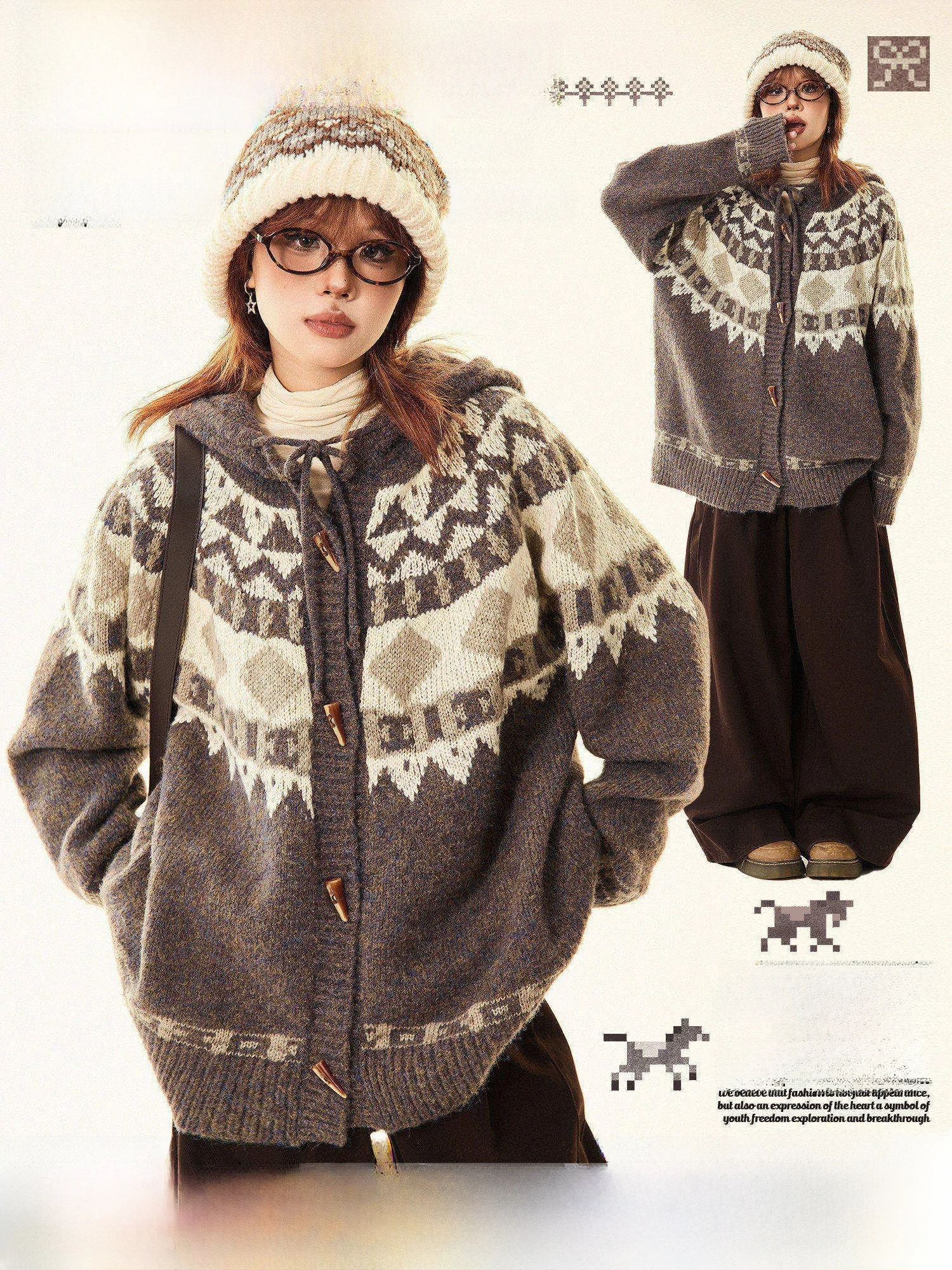

Loose Women's Knitted Cardigan Sweater with Horn Buttons Casual Autumn Winter Outerwear for Couples MAIKAO Vintage Sle