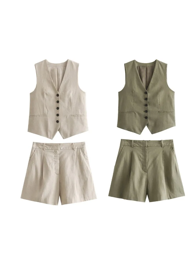 Women Elegant Solid Waistcoat Shorts Set Sleeveless Vest Top+High Waist Slim Shorts 2024 Lady Office Casual 2 Pieces Set