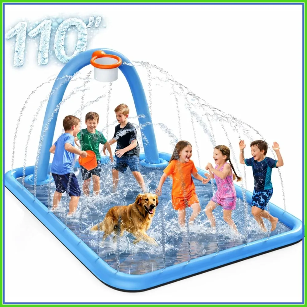 

102x87'' Large Sprinkler Pad with Basketball Hoop, Non-Slip Splash Mat for Kids & Dogs, Outdoor Summer Fun
