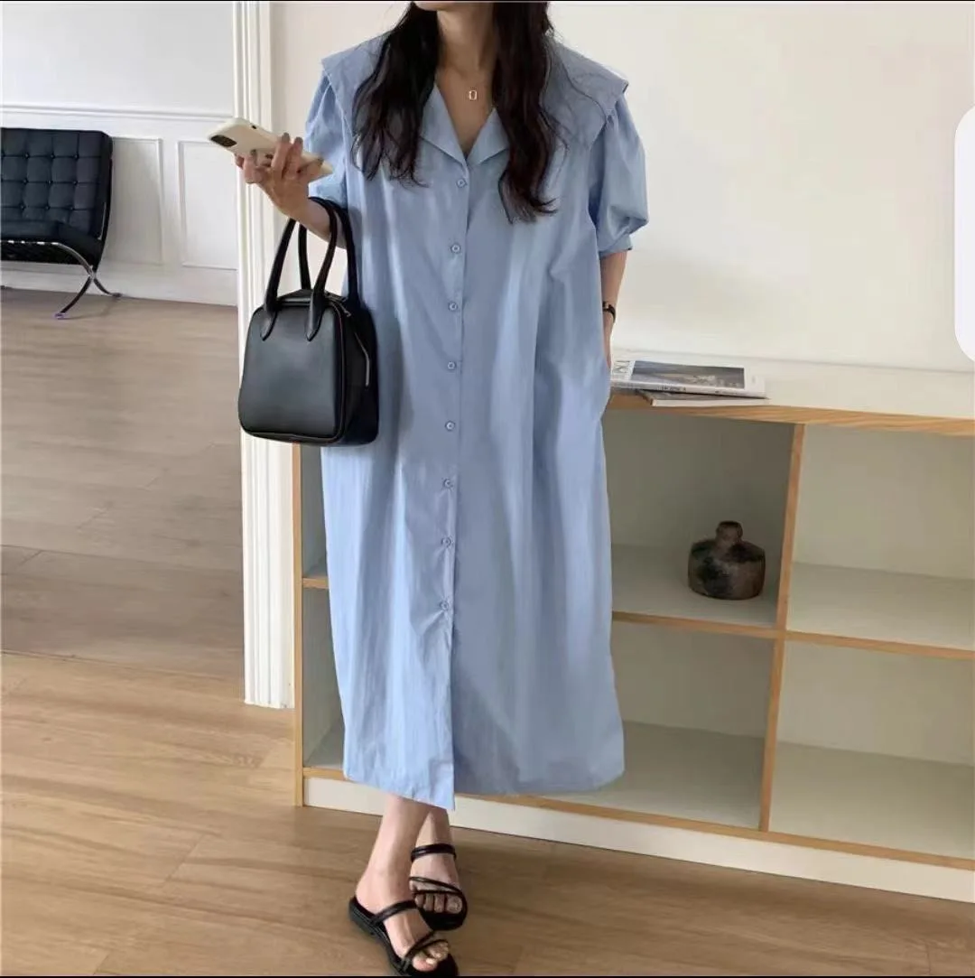 Korean Chic Summer Simple  Large Lapel Loose Casual Single-Breasted Lantern Sleeve Long Dress for Women