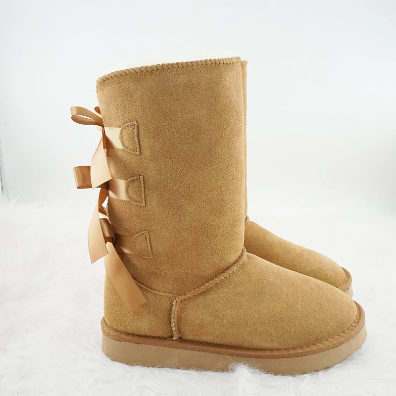 New Arrival Winter Bow Tie Girl High Boots Genuine Leather Woman Snow Boots Thick Plush Boots Women\'s Shoes Warm Shoes