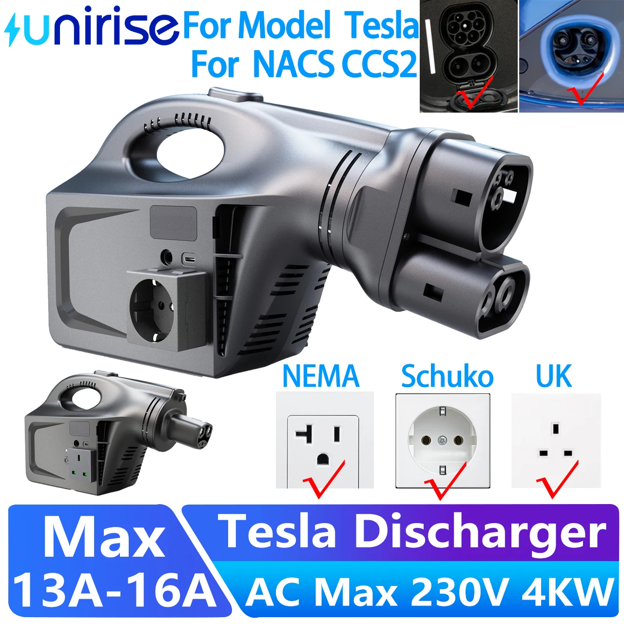 Unirise NACS V2L Discharger 16A 4KW 230V CCS2 NACS Socket Power Conversion For Electric Car Tesla Model Y/3/S/X EV Discharger