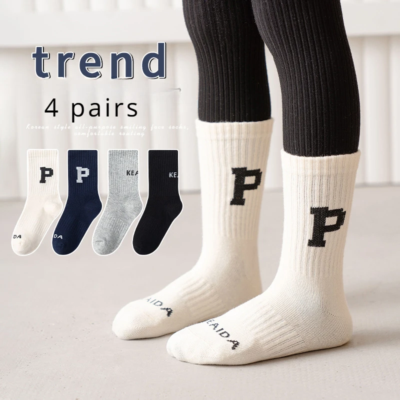 4 Pairs of Children\'s Fashion Letters for Boys and Girls Comfortable Sports Styles Fall and Winter Mid-tube Socks