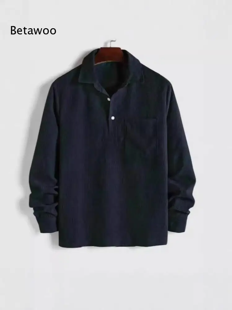 Mens Lapel Collar Corduroy Long Sleeve Shirt Half Placket Single Chest Pocket Loose Style Top For Cool Days Daily Matching Looks