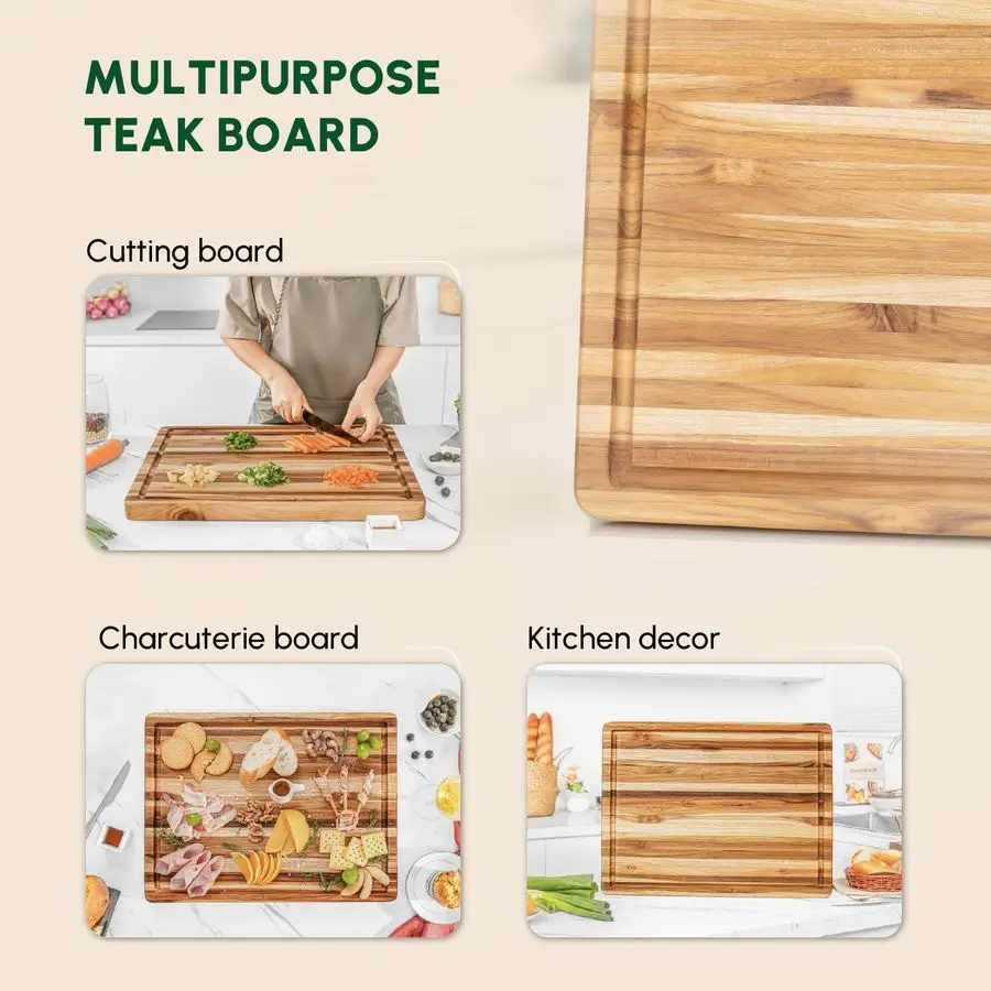ジュース溝付きチーク材まな板 ハンドグリップM、20x15x1.25、キッチン用耐久性のある木製まな板、肉切り板、Ser