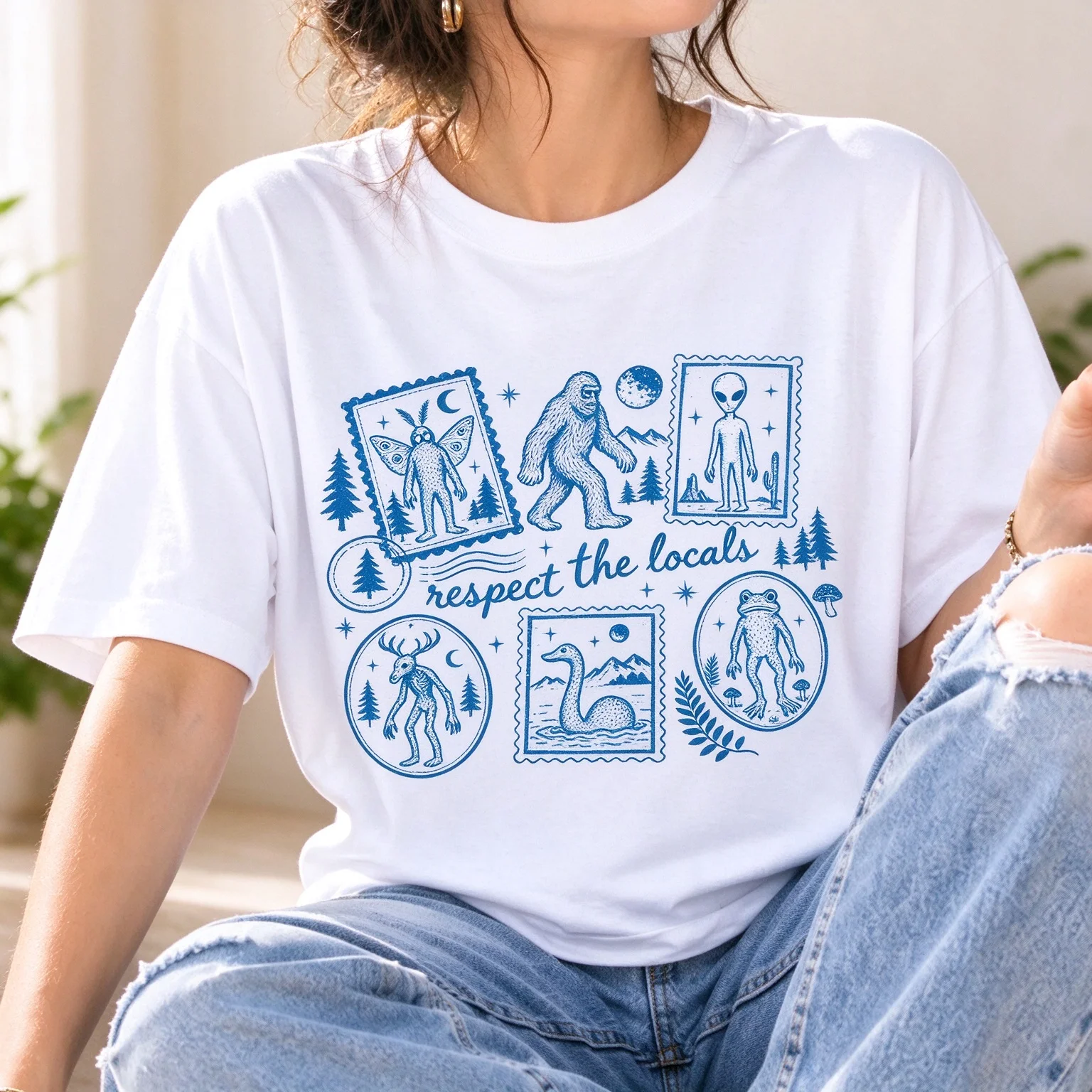 Respect The Locals Graphic T Shirt Women Cryptid Bigfoot Alien Loch Ness Monster Print Short Sleeve Crew Neck Casual Tee