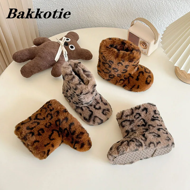 

Kids Snow Boots Winter Tpddler Girls Fashion Brand Middle Calf Warm Fur Boots Baby Children Boys Leopard Shoes Soft Sole