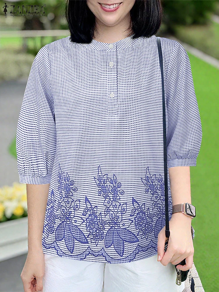 

Модные клетчатые блузки с короткими рукавами и принтом ZANZEA, летние женские топы, повседневные рабочие блузки с круглым вырезом, женская винтажная праздничная рубашка Mujer