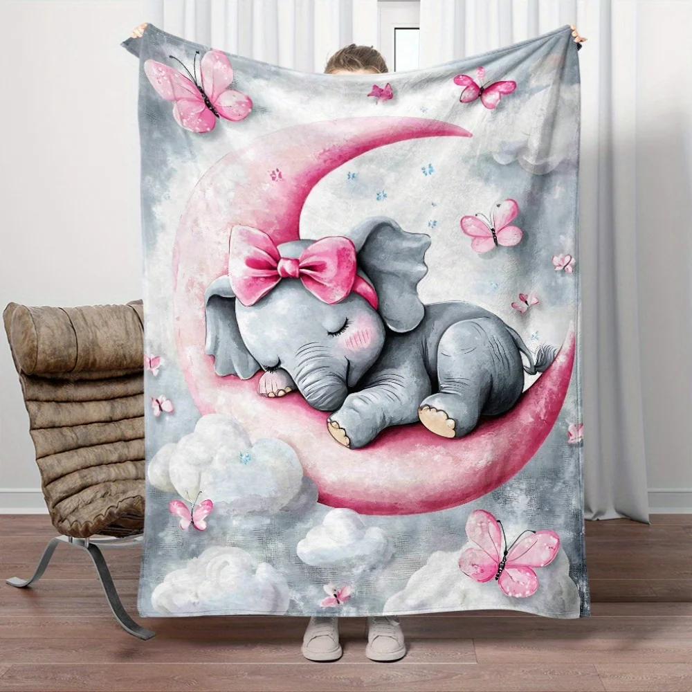 

Cute Goodnight Elephant & Moon Print Flannel Throw – Soft Lightweight – Digital Fleece for Kids, Bed, Sofa – Cozy Night Gift
