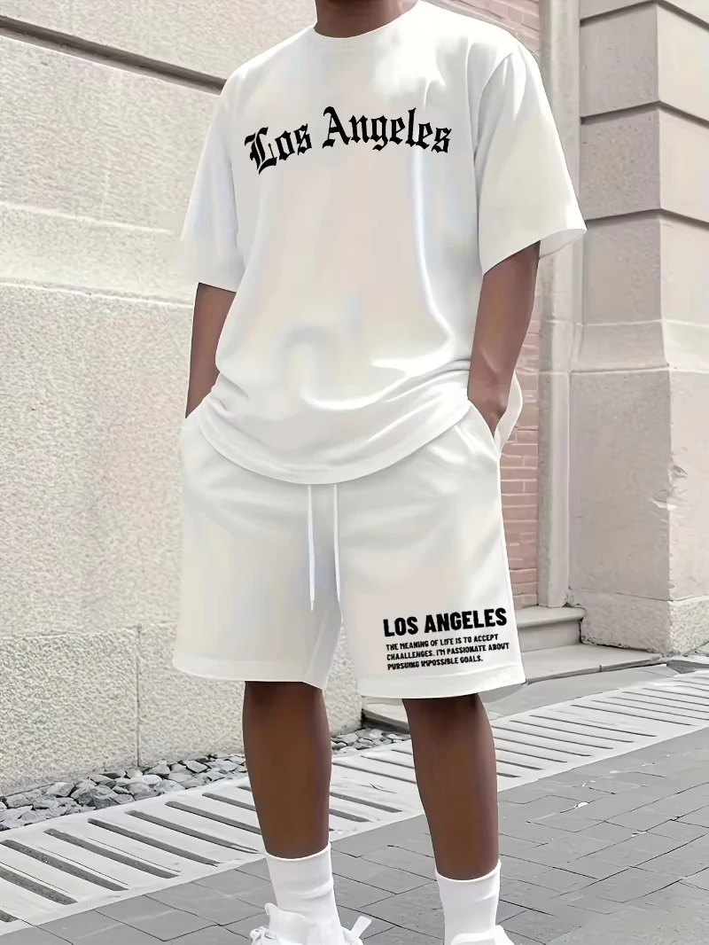 

2025 New Fashion Men's Summer Los Angeles Cotton Fashion Letter Printing Loose Large Casual Comfort T-Shirt Shorts Two-piece Set